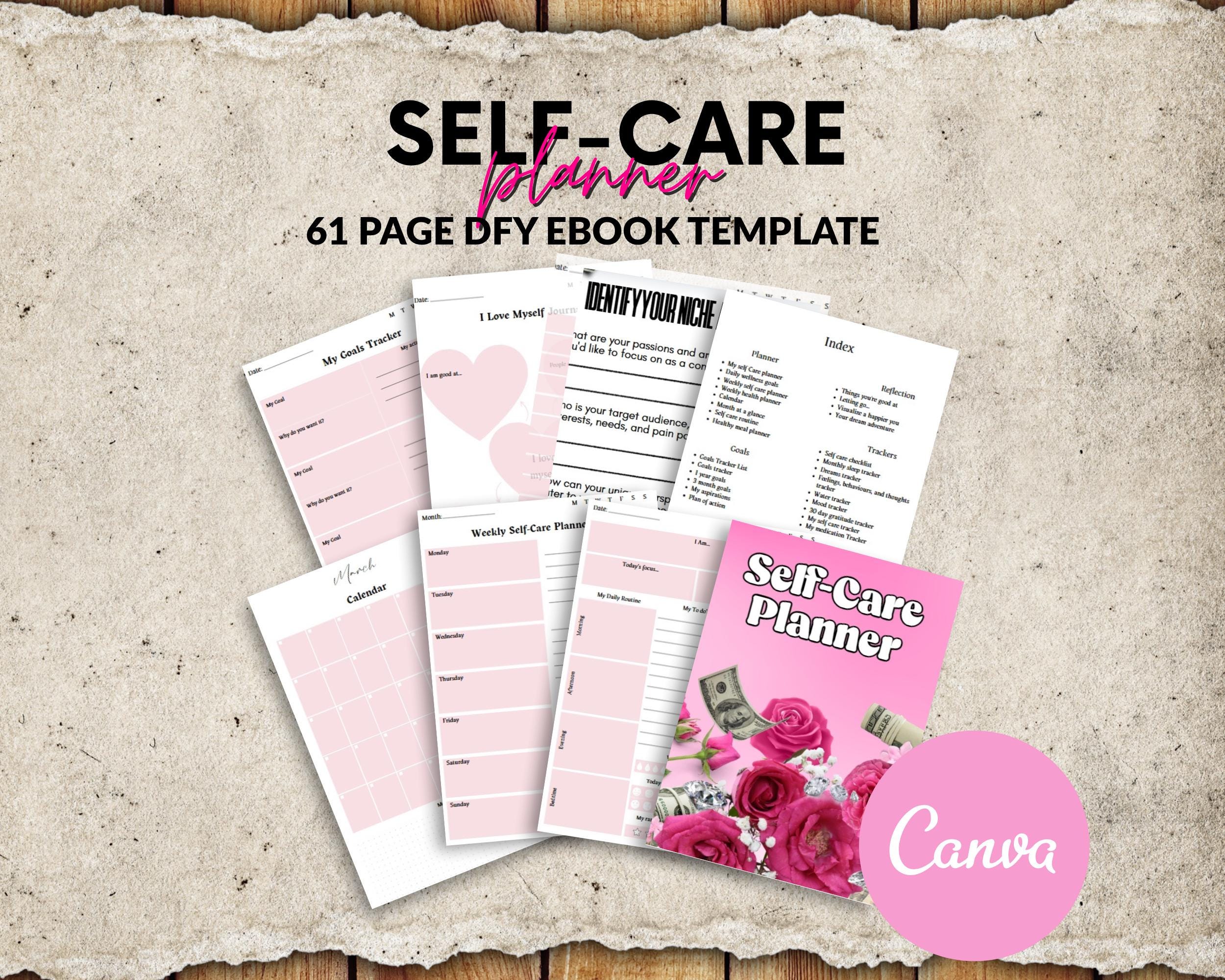 Self-Care Planner Ebook: PLR Resell Template, 61 Page Canva Design