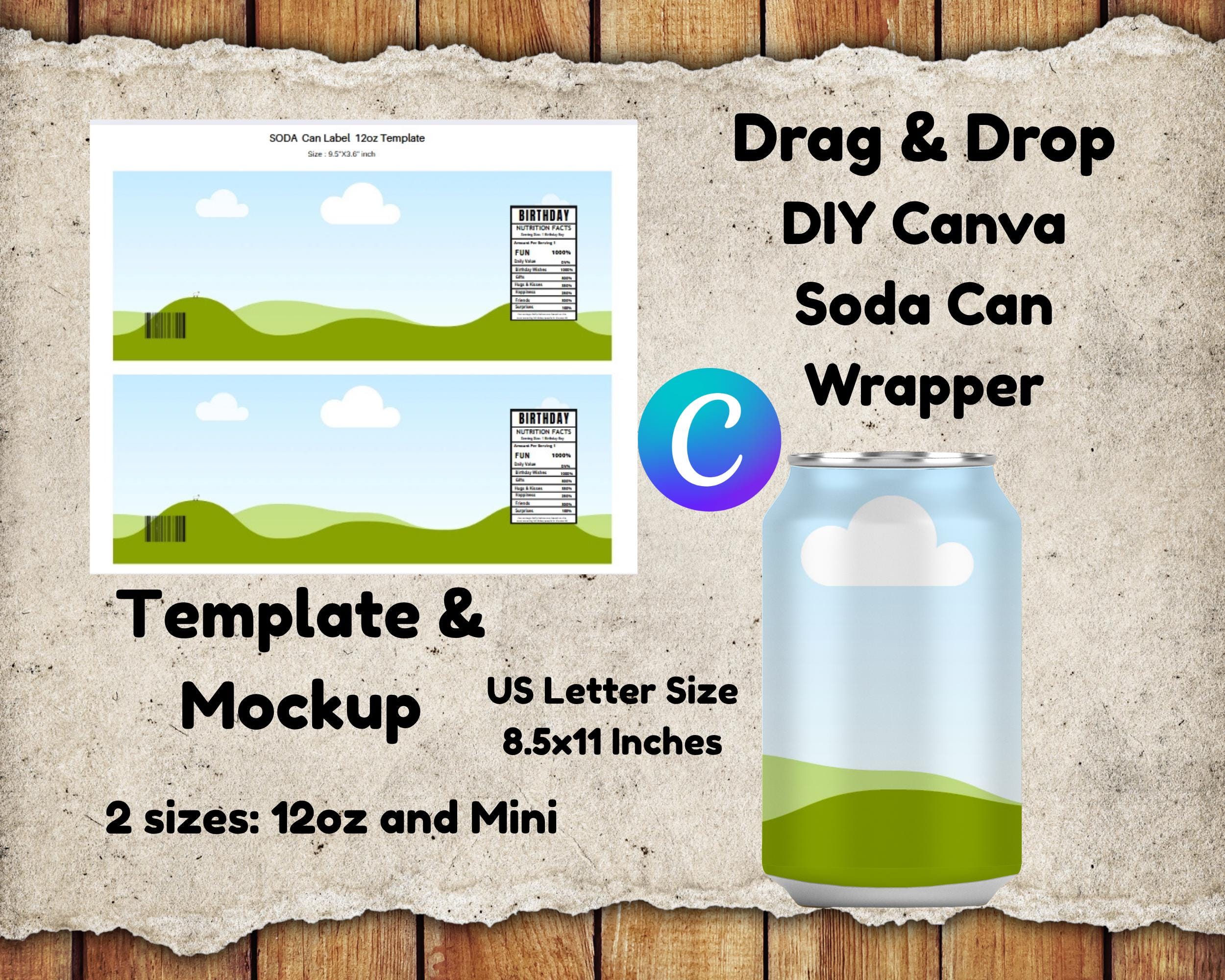 DIY Soda Can Wrapper Label Template: Canva Editable Party Favor (Digital Download, 8.5x11 inches)