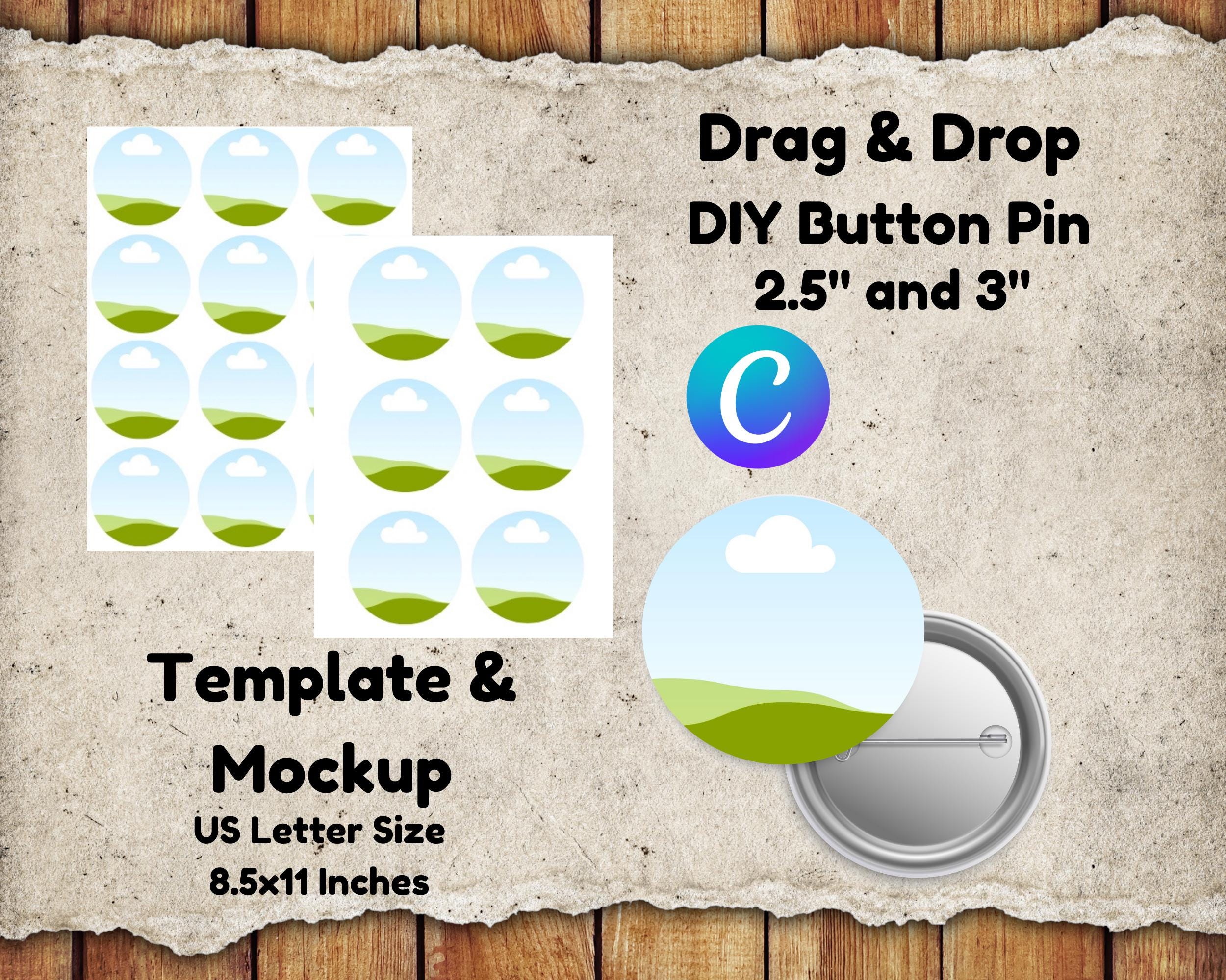 Custom Button Pin Template: Canva Editable Mockup (2.5 & 3 inch)