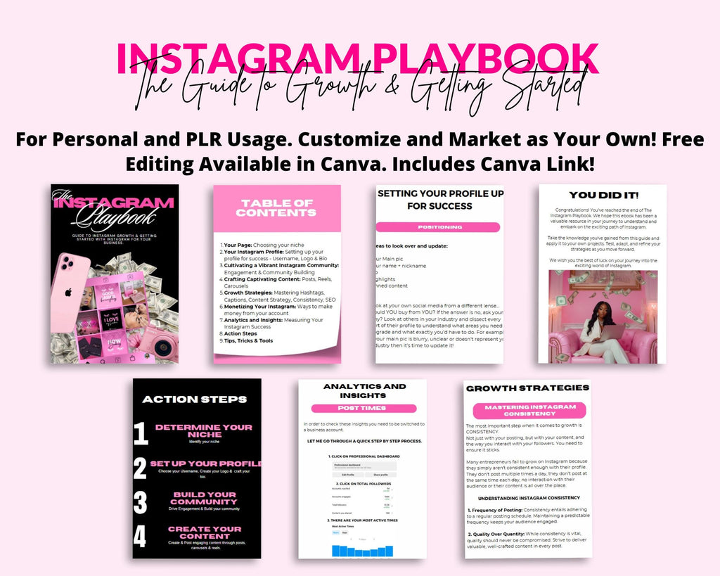 Instagram Playbook Ebook: PLR Resell Template (56 Page Canva Template Digital Download)