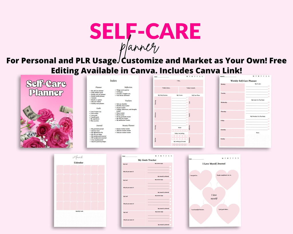 Self-Care Planner Ebook: PLR Resell Template, 61 Page Canva Design