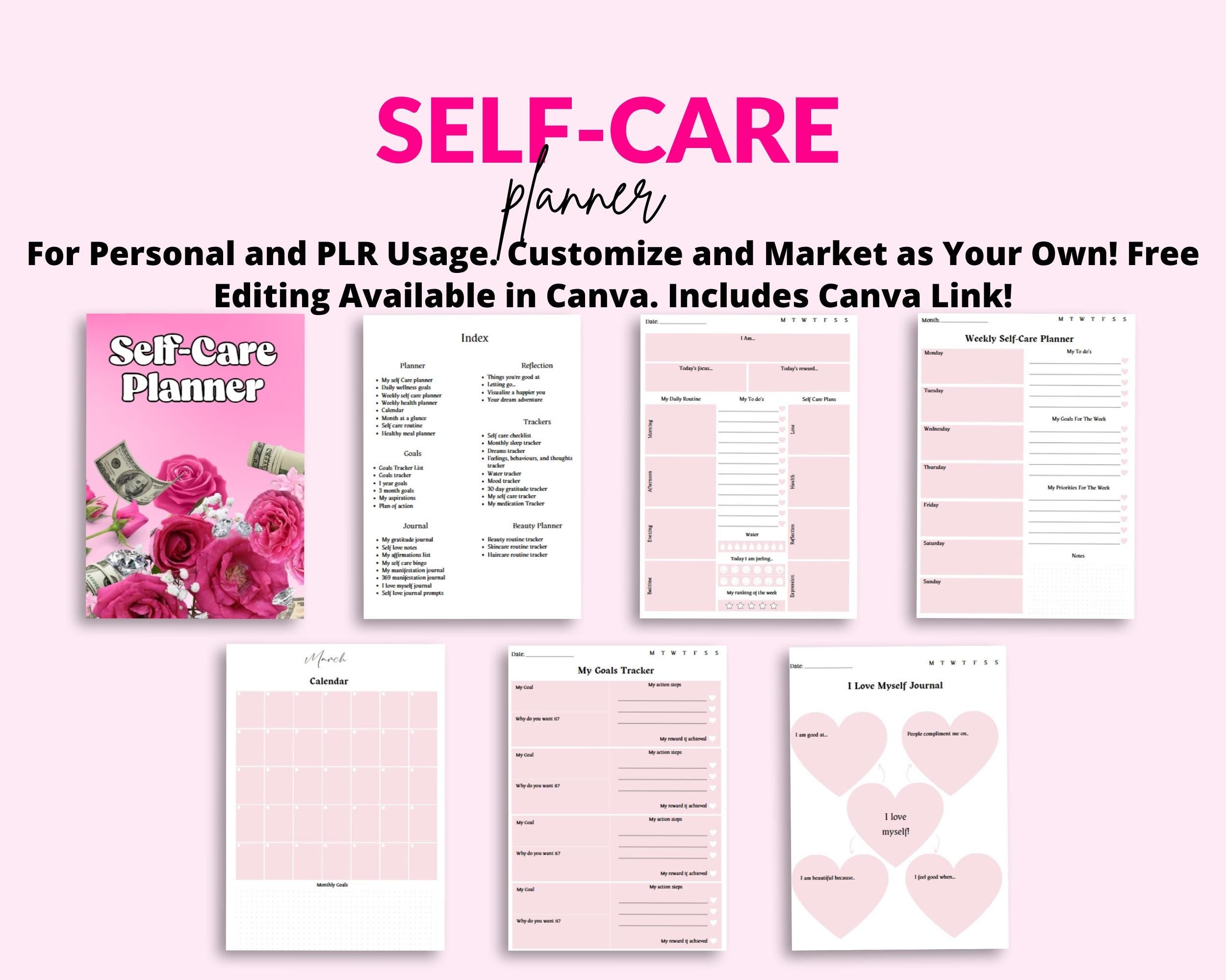 Self-Care Planner Ebook: PLR Resell Template, 61 Page Canva Design