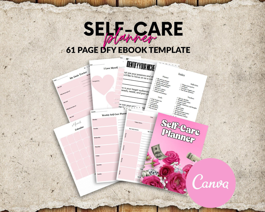 Self-Care Planner Ebook: PLR Resell Template, 61 Page Canva Design