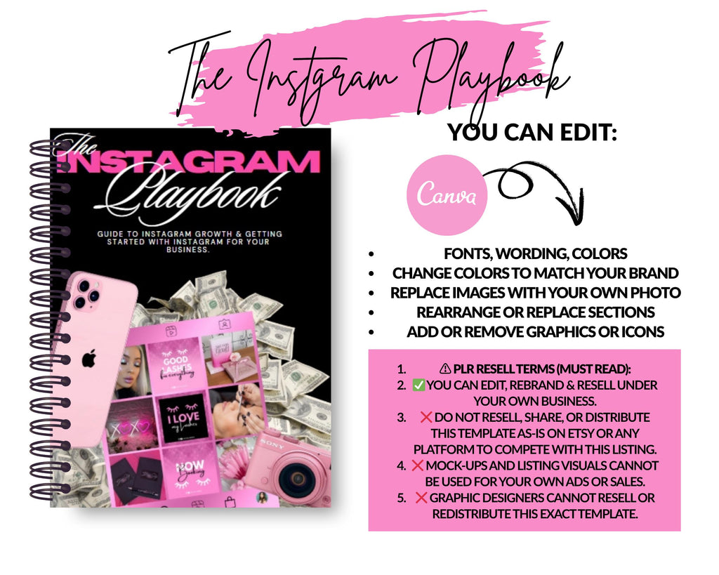 Instagram Playbook Ebook: PLR Resell Template (56 Page Canva Template Digital Download)
