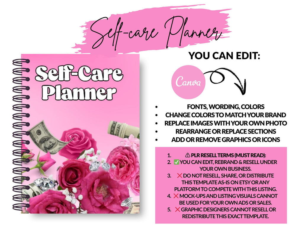 Self-Care Planner Ebook: PLR Resell Template, 61 Page Canva Design